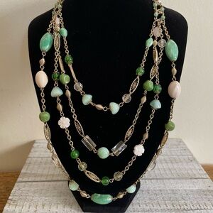 Multi Strand Green Bead Statement Necklace Spring Flower Gold Tone Jewelry